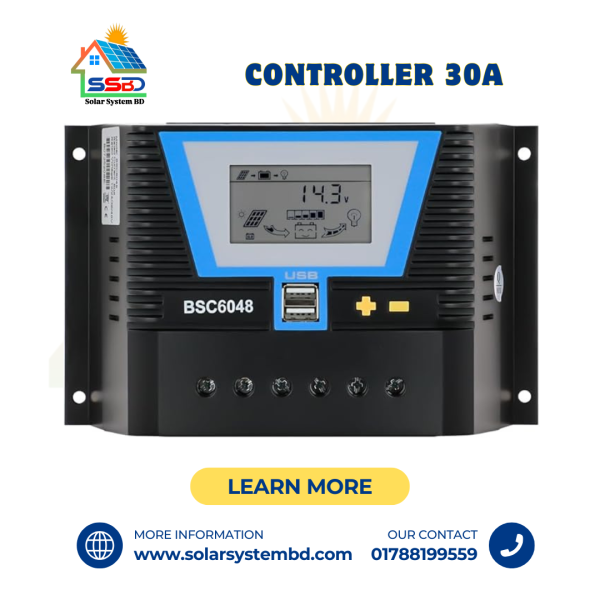 PWM, BSC6048 Solar Charge Controller 30A, Auto LCD Display with USB, for Battery (12V-24)